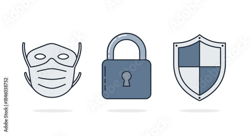 Protection Icons - Mask, Lock, and Shield for Safety and Security.