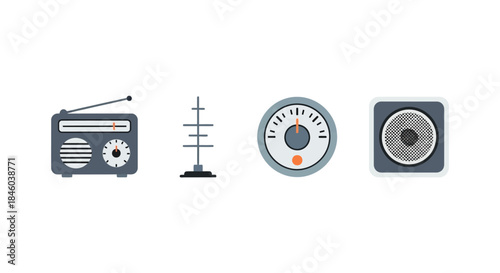 Radio, antenna, gauge, and CD player icons in a row.