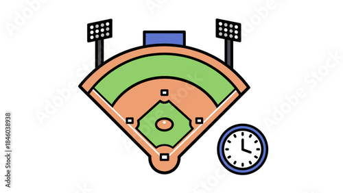 Baseball field icon with clock symbol