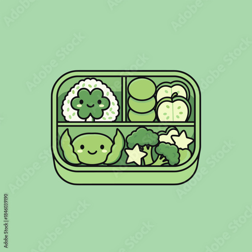 Adorable Green Bento Box with Smiling Food Characters.