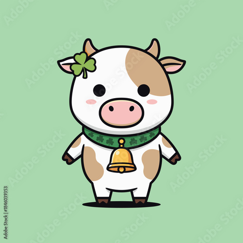 Adorable Cartoon Cow with Clover and Bell for St. Patricks Day.