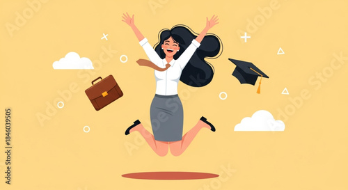 graduation achievement jumping in casual office setting with diploma and briefcase, joyful success moment illustration