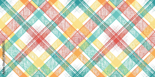 Colorful geometric pattern with vibrant orange, teal, and yellow diagonal lines and textures.