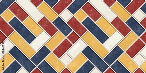 Colorful herringbone pattern featuring red, navy, yellow, and cream tiles for vibrant design.