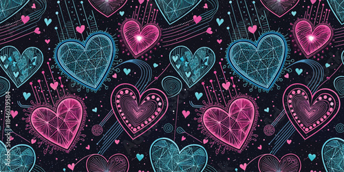 Colorful heart patterns in vibrant shades of pink and blue against a dark background, showcasing love and creativity.