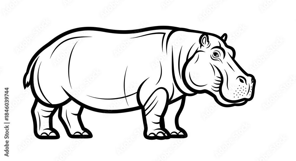 Fototapeta premium Black and white line art drawing of a hippopotamus standing, side view, simple illustration.