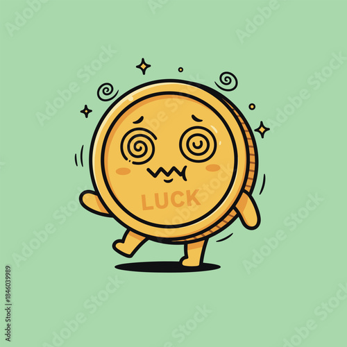Dizzy Luck Coin Cartoon Character with Swirling Eyes and Wobbly Legs.