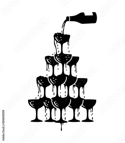 Champagne glass pyramid tower silhouette pouring drink from bottle for New Year 2026 toast, black vector icon on white