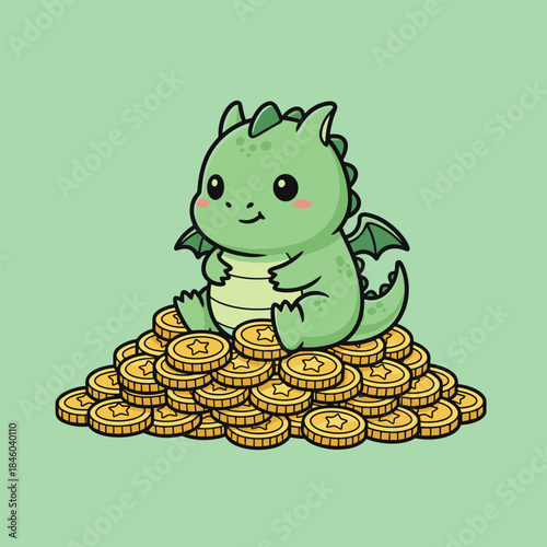 Cute Green Dragon Sitting on a Pile of Gold Coins.