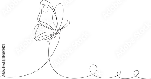 Butterfly Continuous One Line Drawing. Beautiful flying moth for wellbeing beauty or spa salon logo and divider concept in simple linear style. Butterfly in One continuous line drawing.