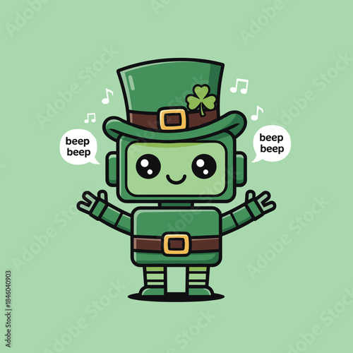St. Patricks Day Robot Leprechaun with Clover and Top Hat.