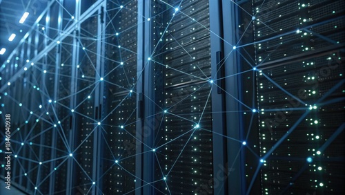 A detailed view of a data center featuring servers interconnected with glowing lines, representing advanced technology and networking.