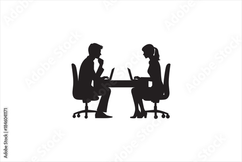 Business meeting silhouette illustration of a man and woman sitting across a table using laptops. Teamwork, discussion, collaboration, interview, and office communication. Vector illustration.