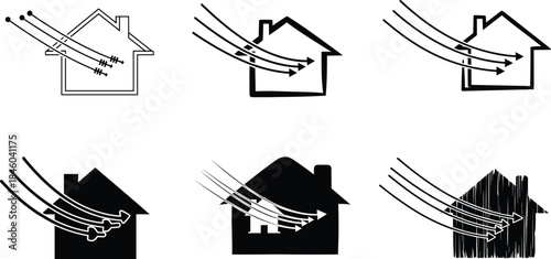 Stylized house icons with dynamic airflow arrows, energy movement illustration set, ventilation and power flow concept graphics for modern design projects
