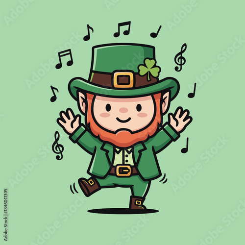 Cartoon Leprechaun Dancing with Musical Notes for St. Patricks Day.