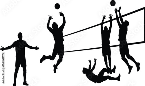 Volleyball match silhouette vector, team action, net play, black icon, athletic movement, sports illustration, dynamic pose, competitive game scene