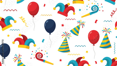 Party celebration pattern, balloons, hats, jester caps, confetti, star decor, festive texture design, seamless artwork, flat vector illustration
