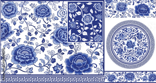 Blue porcelain floral pattern, peonies with leaves in circular, square, and strip layouts, traditional Chinese design, flat vector illustration