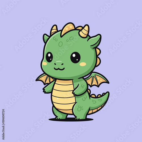Adorable Green Dragon Cartoon Character with Small Wings and Horns.