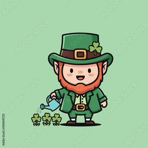 Cute Leprechaun Watering Shamrocks for St. Patricks Day.