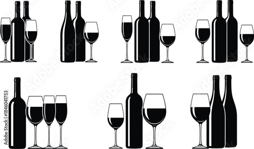 Wine bottle and glass silhouette set, black vector icons for bar, restaurant, winery, dining, alcohol, beverage, drink, celebration