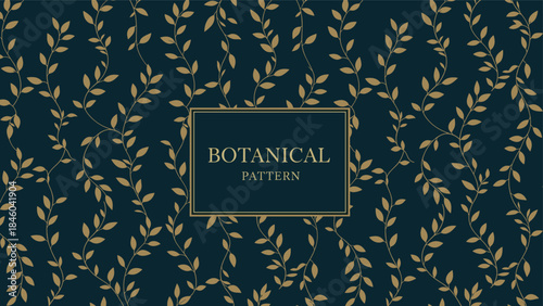 Golden botanical vine pattern, dark background with elegant vertical foliage design, decorative wallpaper texture, luxury textile art, flat vector illustration