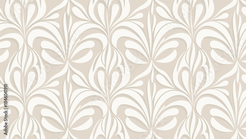 Vintage floral motif pattern, beige and white symmetrical design, seamless decorative wallpaper texture, classic textile art, flat vector illustration