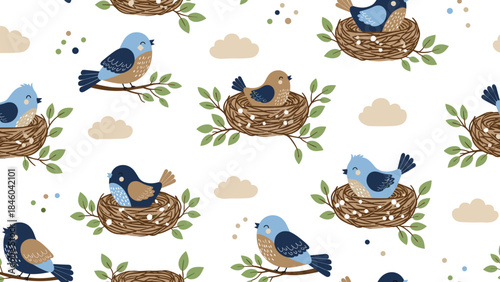 Seamless bird and nest pattern, whimsical nature design, playful clouds and twigs, children’s wallpaper, textile art, flat vector illustration