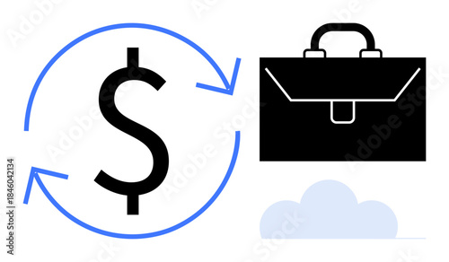 Banking, financial transactions, business operations, wealth management, investment, economic growth. A dollar symbol with circular arrows and a briefcase. Financial transactions and business