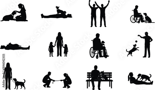 People and dogs silhouettes set showing family life play care disability support isolated black vector icons for lifestyle illustration stock