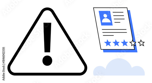 Exclamation mark in a triangle, user profile with a rating of four stars, and a cloud icon. Ideal for feedback evaluation, user profile quality, online reviews, rating systems, error alerts, risk