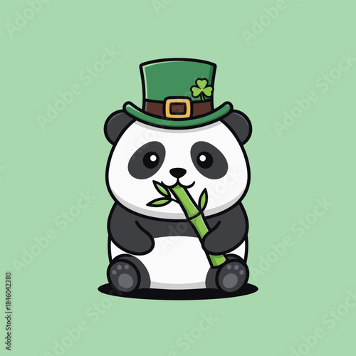 Cute Panda Celebrating St. Patricks Day with Bamboo.