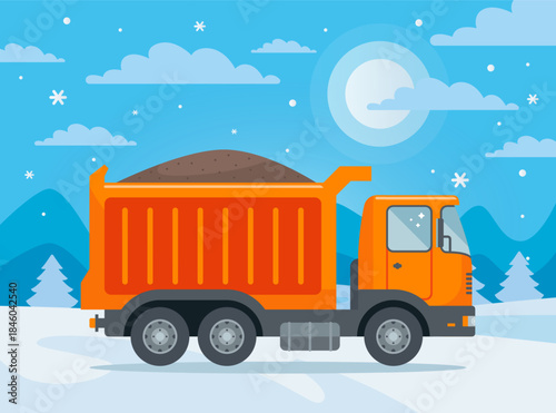 Truck with sand in winter. Loading bulk materials. Flat illustration.