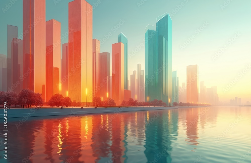 Obraz premium Modern city skyline with glass skyscrapers reflecting warm sunset hues, turquoise water. Tall buildings rise along waterfront with trees, streetlights, suggesting urban development, business growth.
