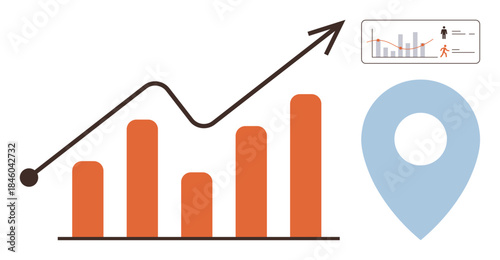 Bar chart with upward trend line, infographic details, and location marker. Ideal for analytics, business growth, strategy, marketing, statistics, performance tracking and success visualization