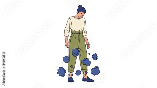 Illustration depicting a person surrounded by abstract shapes representing problems or issues