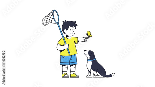 A young child and a cute dog watching a butterfly with joy in a minimalist design