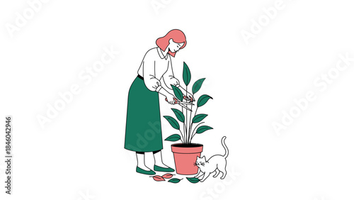 Woman pruning a plant with a cat looking on in this charming illustration design