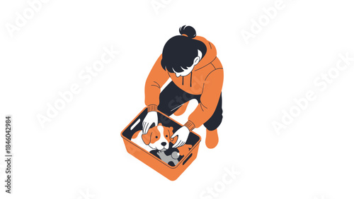 Person Caring for Dog in a Box Illustration: Dog Owner and Puppy Care Concept