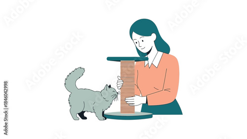 Woman with a cat training and playing on a cat scratching post, illustration