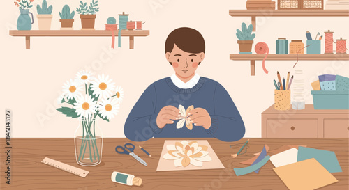 Young Artist Crafting with Paper and Tools.