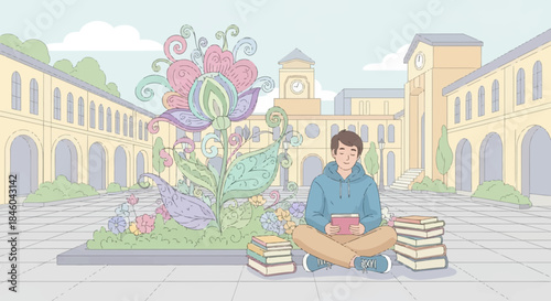 Young Man Reading Books in Courtyard.