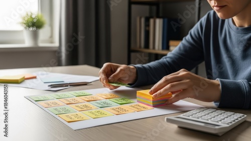 Person organizing colorful sticky notes on a desk, focused on task management and planning.