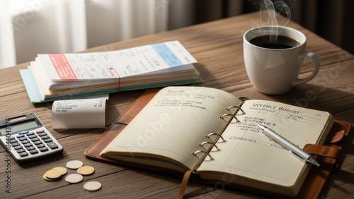 Personal finance management with calculator, notebook, and bills on a wooden desk.