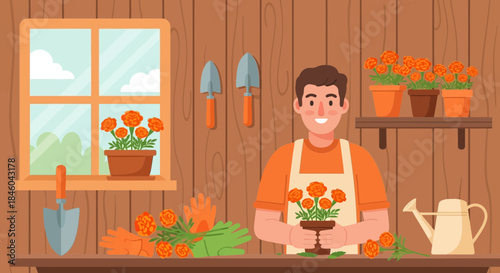 Gardener holding bouquet of orange flowers.