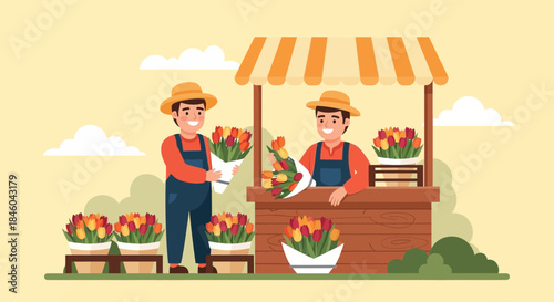 Farmers Selling Fresh Flowers at Market.