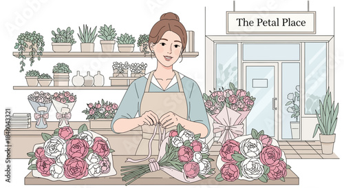 Woman Arranging Flowers in Floristry Shop.