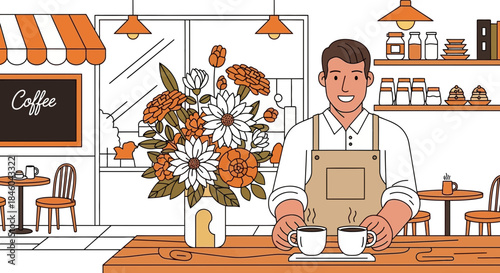 Smiling Barista Serving Coffee in Cafe.