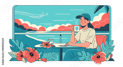 Woman Enjoying Wine by the Ocean.