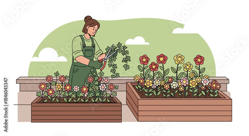 Woman Gardening with Flowers and Plants.